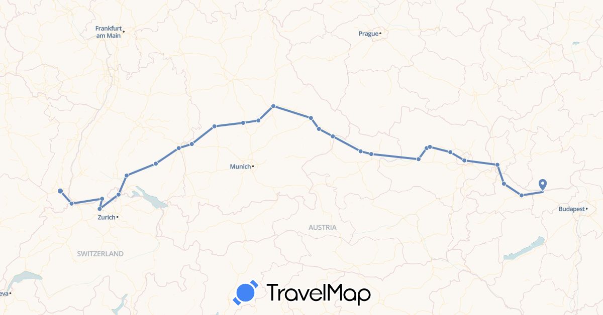 TravelMap itinerary: driving, cycling in Austria, Switzerland, Germany, France, Hungary, Slovakia (Europe)